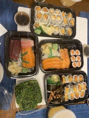 The most satisfying sushi meal! Maki Combo Entree, Salmon Lover Combo, Sashimi Appetizer, Seaweed Salad!