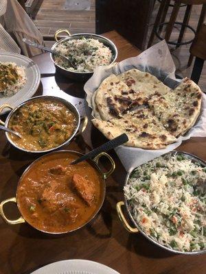 Butter chicken, navratan korma, peas pulao rice, garlic and plain naan