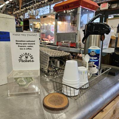 Donation based coffee, tea, popcorn and water