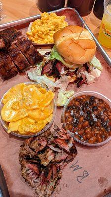 The Big Muddy Sandwich, pulled pork, ribs, Mac & cheese, beans, au gratin potatoes