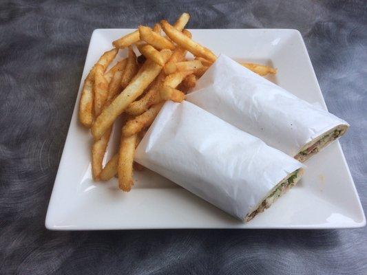 Chicken shawarma wrap with fries