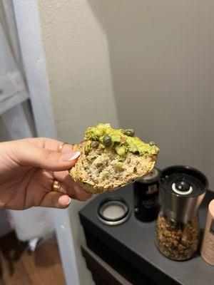 Open Faced Smashed Avocado Almond Cilantro Pesto Toast