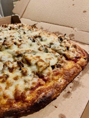 Sausage cheese onion mushroom pizza -- so thick!!