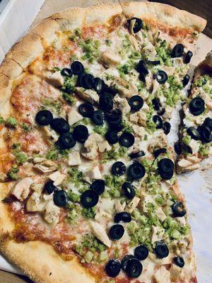 Special- Sunday large pie $14. Chicken, broccoli and olive toppings- $12. -