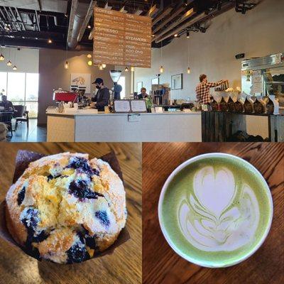 Harbinger off Harmony. I tried a matcha latte and a blueberry muffin.