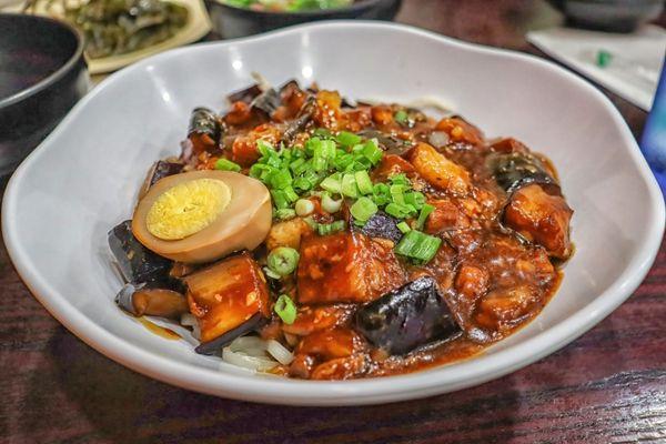 Stir-Fried Eggplant Ground Pork over Noodle,  A must-have!