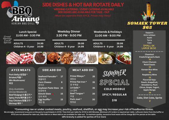 New menu, over 35 side dishes for the Korean Buffet! Includes AYCE 
EXCLUSIVE LUNCH PROMOTION. GRAND OPENING SPECIAL