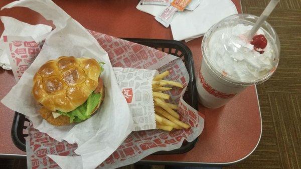 Homestyle chicken club, sm fries, LARGE Oreo shake w/whip cream & cherry........ mmmmm!