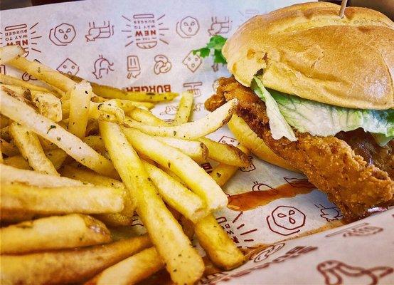 Buffalo crispy chicken sandwich with smash fries. All sooo good!