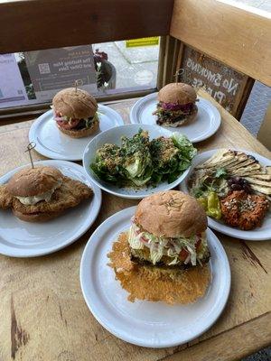 Latona Burger, Marinated Eggplant Sandwich, Caesar, Muhammara and Baba Ghanoush, Katsu Schnitzel Sandwich, Meatloaf Sandwich