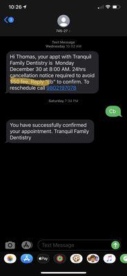 Original text confirmed appointment and showed that I would be charged $50