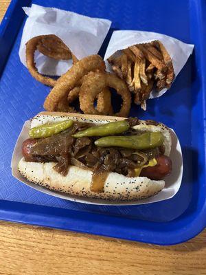 Maxwell Street Polish, Fries and Onion Rings