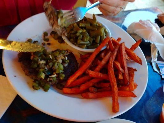 hamburger steak plus green beans and sweet potato fries