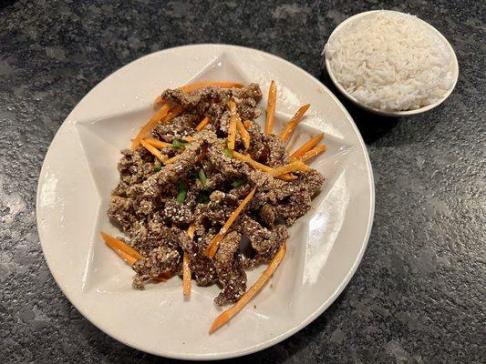 Crispy Sesame Beef with white rice.