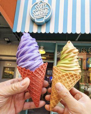 Ube soft serve ice cream and matcha ice cream swirled with Hong Kong milk tea