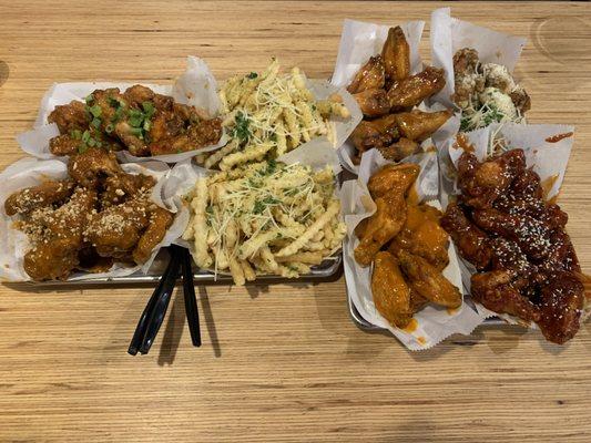 left to right :D 1. Thai Chili (2&6)Large Garlic Fries 3. Mango Habanero 4. Garlic Parmesan 5. Peanut Butter 7. Fire Wings 8. Korean Kick