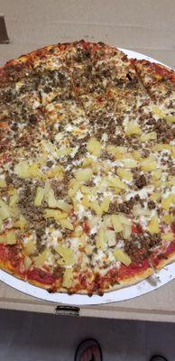 Sausage pizza with half pineapple- my kids' favorite!