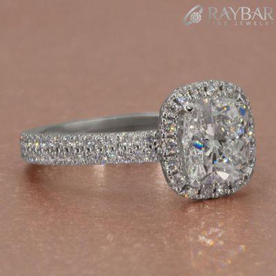 Custom Platinum & 1.50 ct Cushion Diamond Halo Ring with Double Row Shank Accents  **Ring made and photographed by RAYBAR**