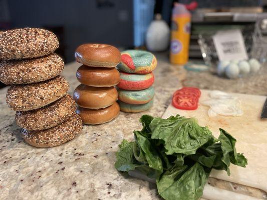 Everything, plain and rainbow bagel. About to make some homemade breakfast sandwiches!