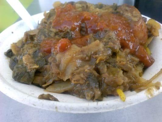 Gypsy stew with their home made hot sauce!!! Pork, beef, sausage, cabbage, and beans over wild rice.