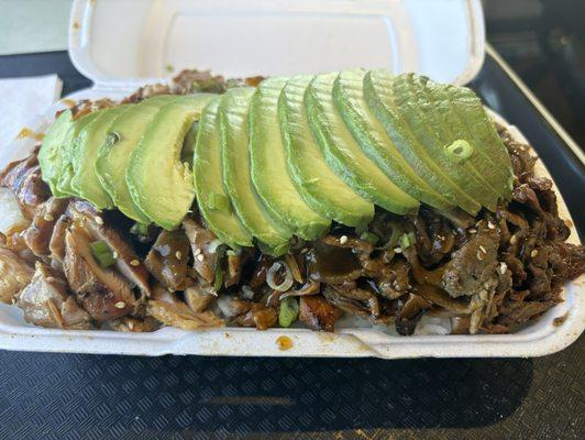 Chicken and Beef Bowl with avocado! Please believe for $22 will fill you up! Very good quality of meat and fast service!