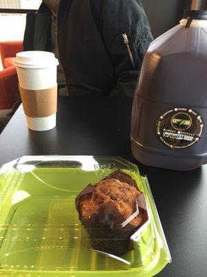 Apple cinnamon muffin. Vanilla latte. To go gallon of sweet raspberry black tea.