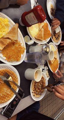 Waffle, hash brown, eggs