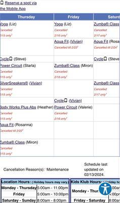 Class Schedule for classes, the only schedule, entire mo of classes.