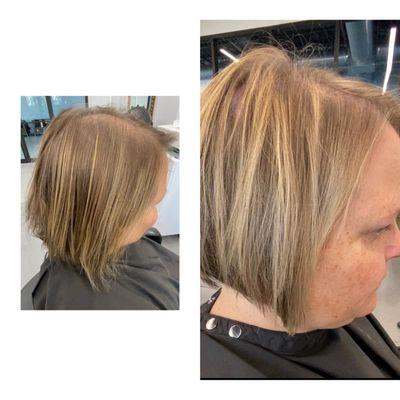 BEFORE & AFTER, services: {mini highlight, glaze, cut}

time: approx. 2-2.5
cost: $140-$175