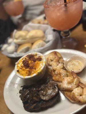 60z sirloin with mushrooms, loaded mashed potatoes, shrimp and a Caesar salad