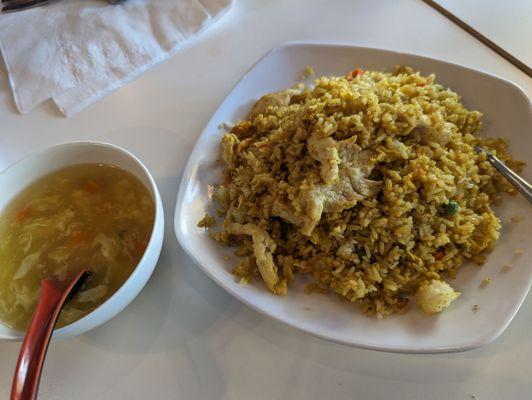 Egg drop soup(came with Mongolian beef) and Curry Fried rice