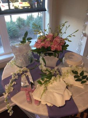 Rented table linens and chair ribbons. Her linens were spotless and ribbons came tied so ready to slip on to chairs. Highly recommended!