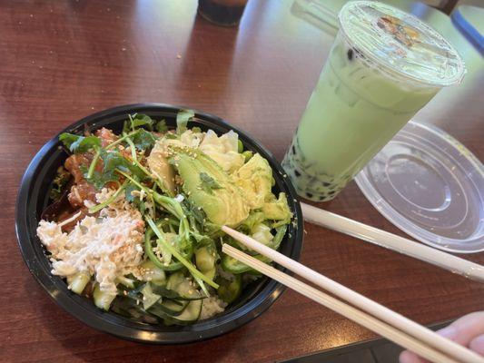 Spicy Tuna Poke feat. almost all of the additional toppings, and Honeydew Milk Tea w/ Boba and Coconut Jelly.