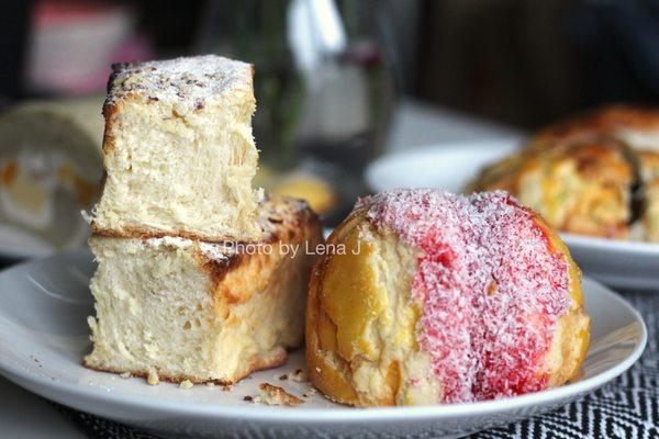 Inside of Sweet Butter Milk Bread Toast ($3.25, good) and Strawberry Coconut Bolo Bun ($3.50, not good)