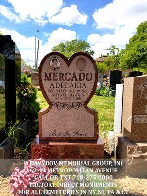 Indian Red Granite monument for Linden Hill Methodist Cemetery in Queens, NY. Heart shaped granite with steeled panel & v-sunk lettering.