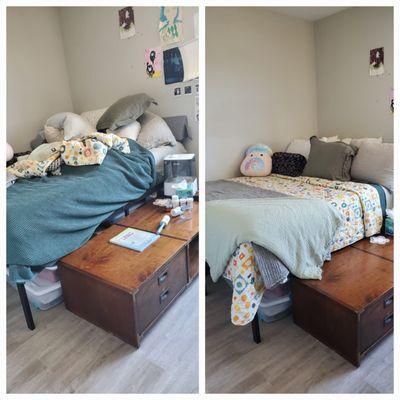 See the transformation! Our team refreshed and sanitized this bedroom, reflecting Comforts Cleaning Services' commitment to quality.