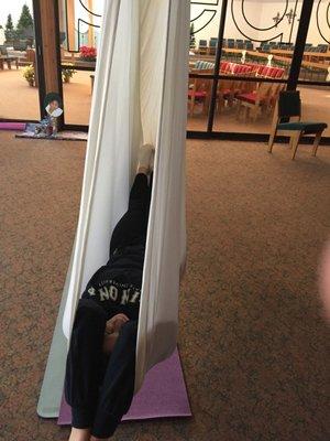 aerial yoga. we have three slings. Private sessions max of 4 friends for a lesson