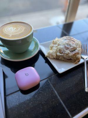 Lavender oat milk latte and sourdough cinnamon bun