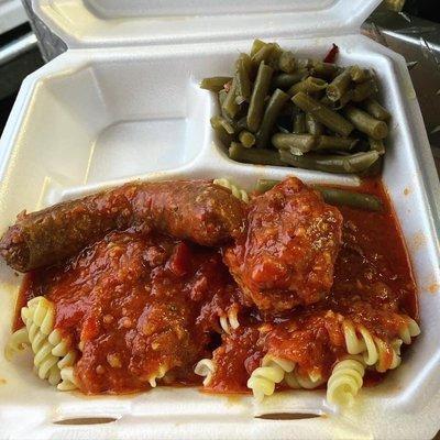 Mom's Red Sauce Dinner (pasta, the heavenly Tomato Sauce, homemade Giant Meatball and Sausage)