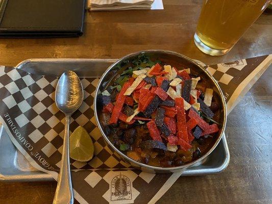 Hot bowl of chili and a beer on a cold night!