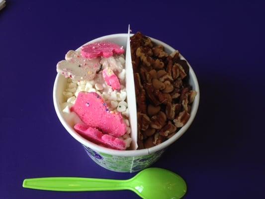 my delicious creation -- cake batter froyo, yogurt chips & animal crackers on L, peanut butter froyo, nuts & tons of chocolate on R :)