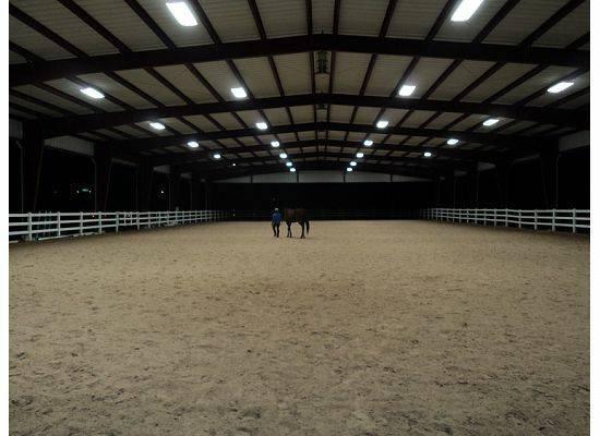 Covered arena is 100 x 200 with lights for night riding.