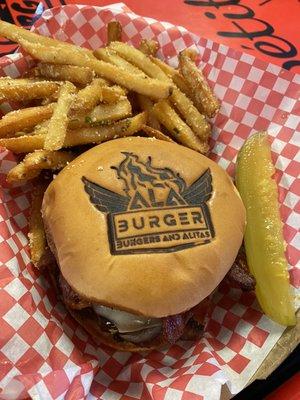 BBQ Chipotle burger with Parmesan fries.