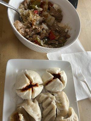 Mongolian beef, bbq pork buns and Peking ravioli (potstickers)