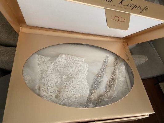 Inside display of dress in box with a Velcro latch so you can open and close frequently