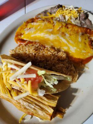 Mexican plate. Tamale, enchilada, and beef Taco