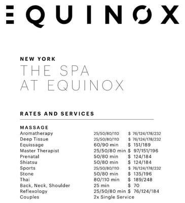 Massage Rate Card for The Spa