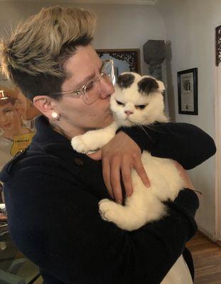 Nail trim and kisses for Gizmo the Scottish fold.