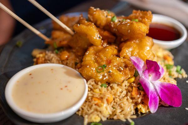 Chinatown Plate w/ Sweet & Sour Orange Chicken ($19/Lunch)