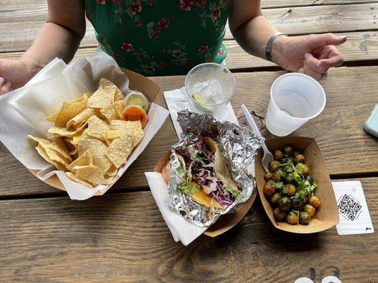 Chips and salsa, mushroom chorizo taco, brussel sprouts